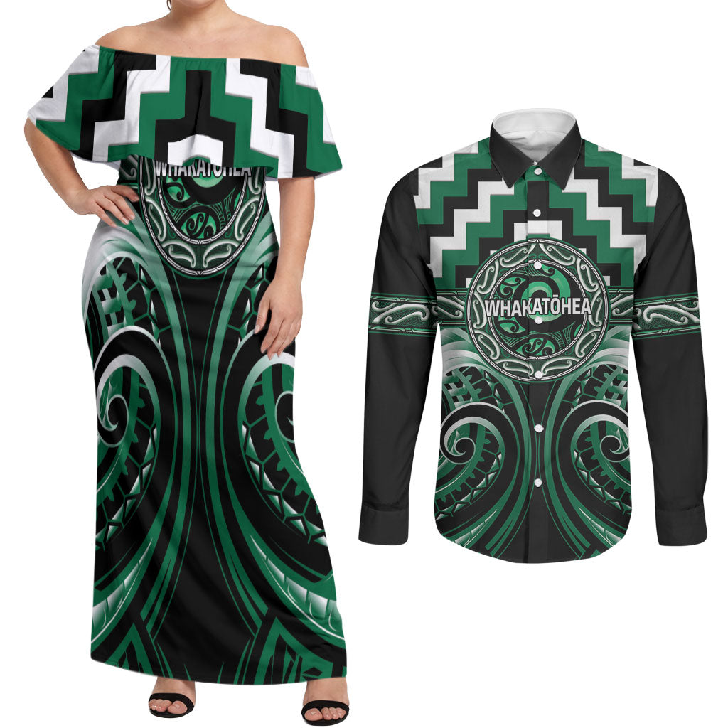 Aotearoa Whakatohea Personalised Couples Matching Off Shoulder Maxi Dress and Long Sleeve Button Shirt Maori Iwi Poutama Puhoro Tattoo LT14 Green - Polynesian Pride