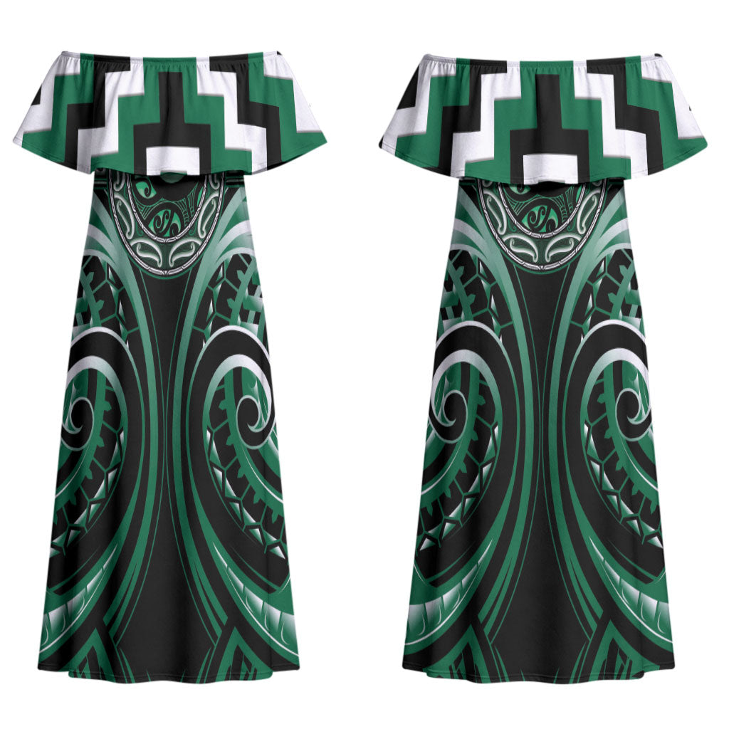 Aotearoa Whakatohea Personalised Couples Matching Off Shoulder Maxi Dress and Long Sleeve Button Shirt Maori Iwi Poutama Puhoro Tattoo LT14 - Polynesian Pride