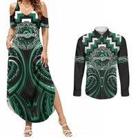 Aotearoa Whakatohea Personalised Couples Matching Summer Maxi Dress and Long Sleeve Button Shirt Maori Iwi Poutama Puhoro Tattoo LT14 Green - Polynesian Pride