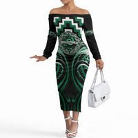 Aotearoa Whakatohea Personalised Off The Shoulder Long Sleeve Dress Maori Iwi Poutama Puhoro Tattoo LT14 Women Green - Polynesian Pride