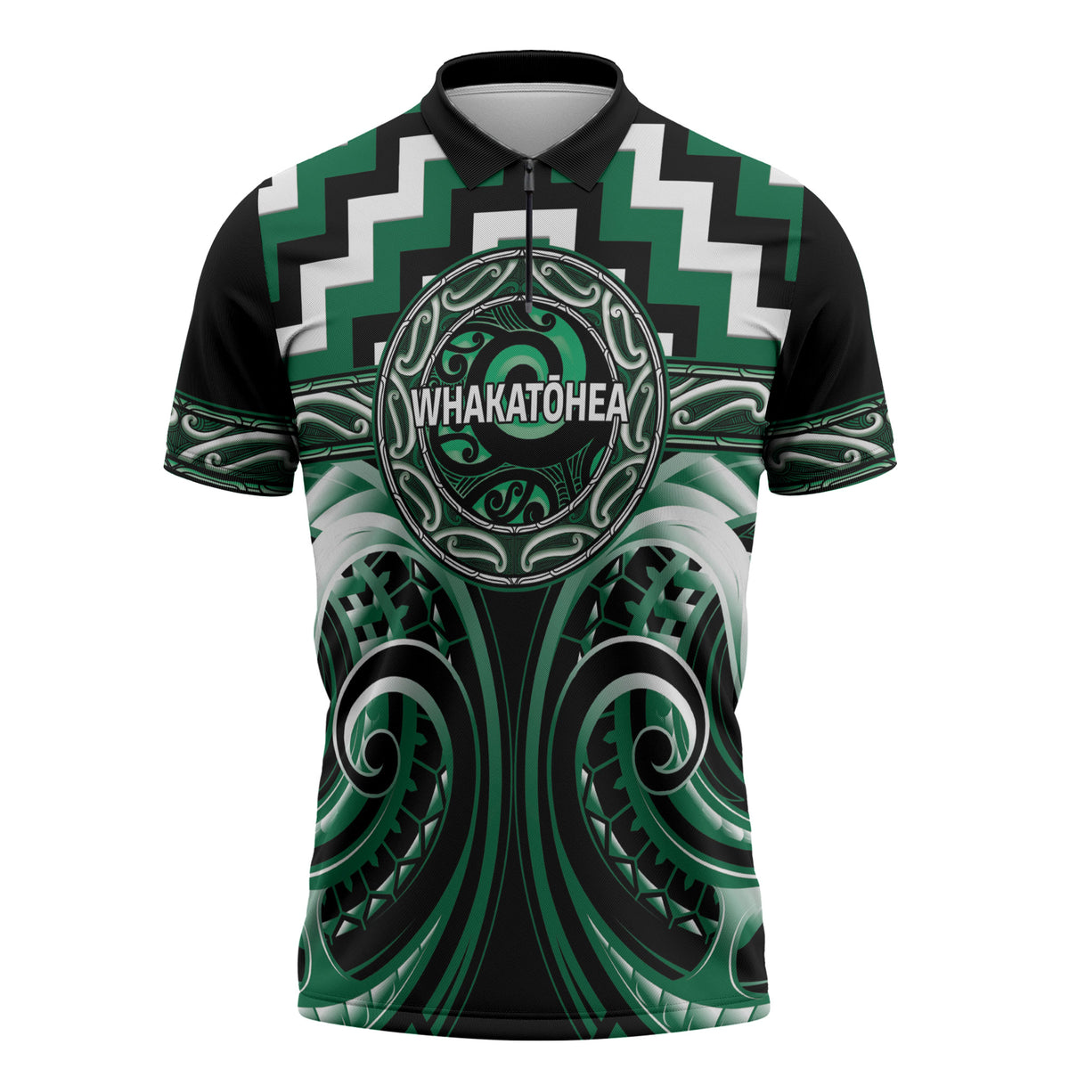 Aotearoa Whakatohea Personalised Zipper Polo Shirt Maori Iwi Poutama Puhoro Tattoo LT14 Green - Polynesian Pride
