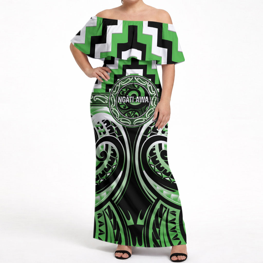 Aotearoa Ngati Awa Personalised Off Shoulder Maxi Dress Maori Iwi Poutama Puhoro Tattoo LT14 Women Green - Polynesian Pride