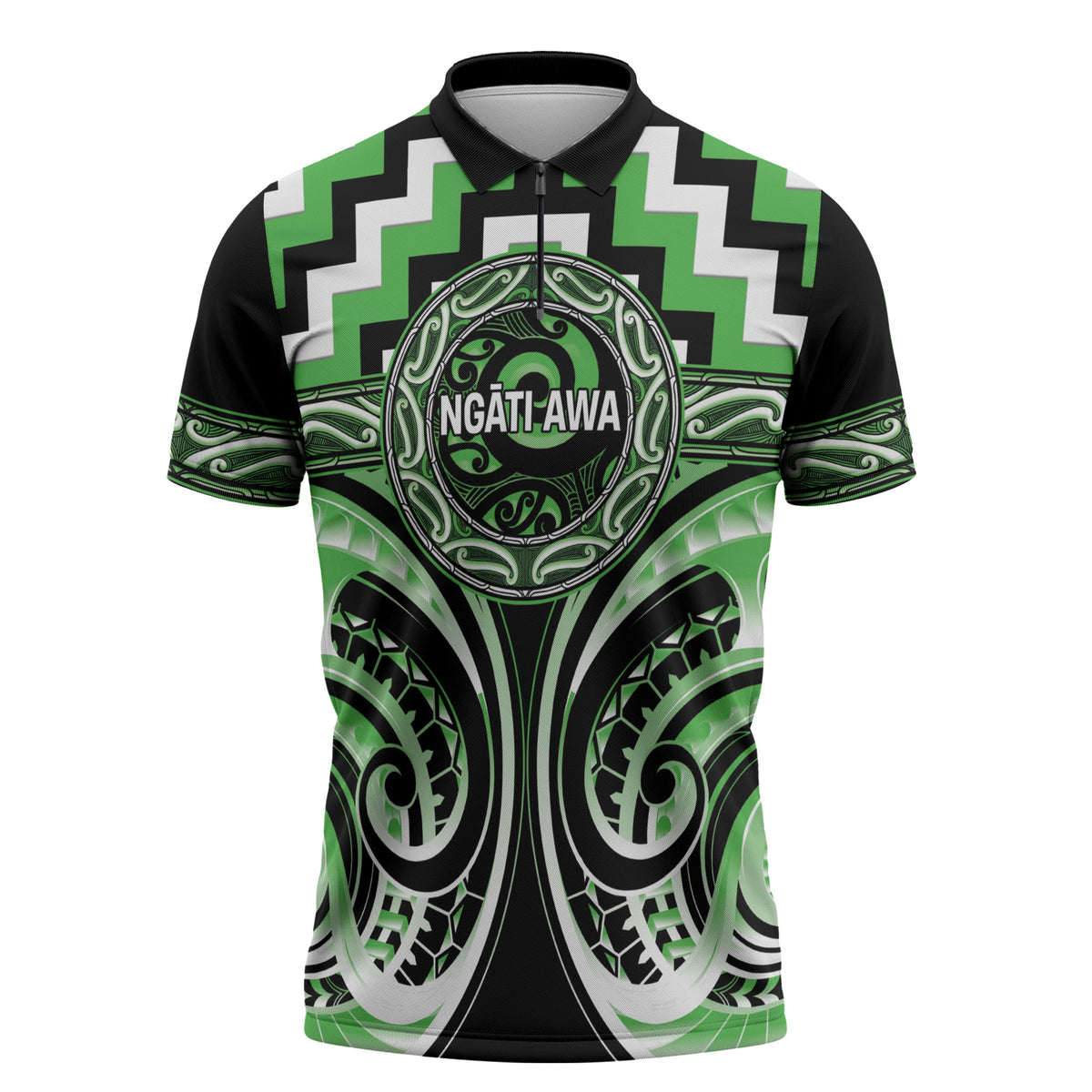 Aotearoa Ngati Awa Personalised Zipper Polo Shirt Maori Iwi Poutama Puhoro Tattoo LT14 Green - Polynesian Pride