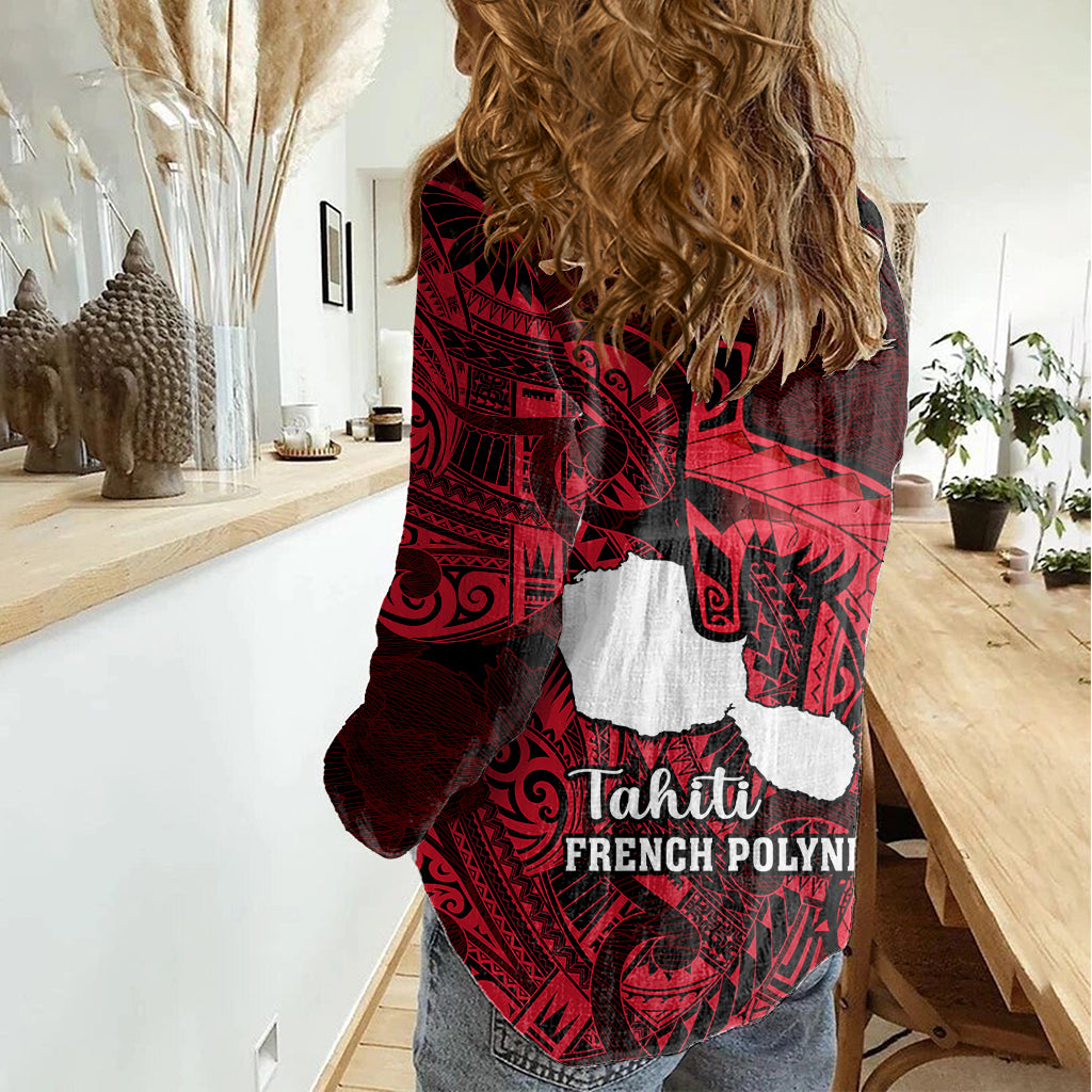 French Polynesia Tahiti Women Casual Shirt Polynesian Shark Tattoo With Hibiscus Red Version LT14 - Polynesian Pride