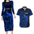 French Polynesia Tahiti Couples Matching Long Sleeve Bodycon Dress and Hawaiian Shirt Polynesian Shark Tattoo With Hibiscus Blue Version LT14 Blue - Polynesian Pride