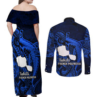 French Polynesia Tahiti Couples Matching Off Shoulder Maxi Dress and Long Sleeve Button Shirts Polynesian Shark Tattoo With Hibiscus Blue Version LT14 - Polynesian Pride