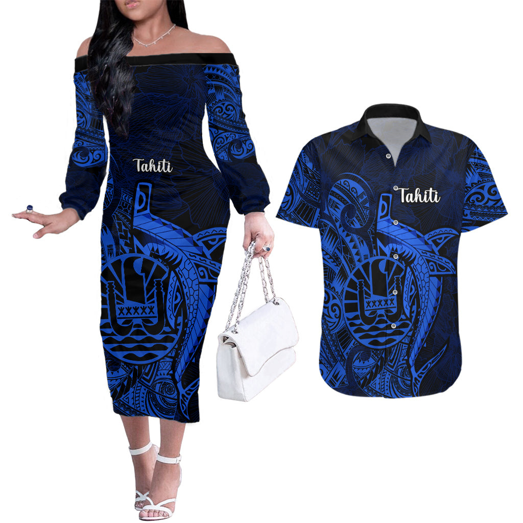 French Polynesia Tahiti Couples Matching Off The Shoulder Long Sleeve Dress and Hawaiian Shirt Polynesian Shark Tattoo With Hibiscus Blue Version LT14 Blue - Polynesian Pride