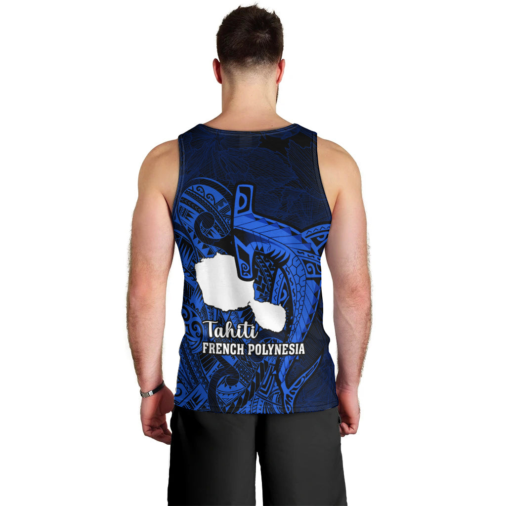 French Polynesia Tahiti Men Tank Top Polynesian Shark Tattoo With Hibiscus Blue Version LT14 - Polynesian Pride
