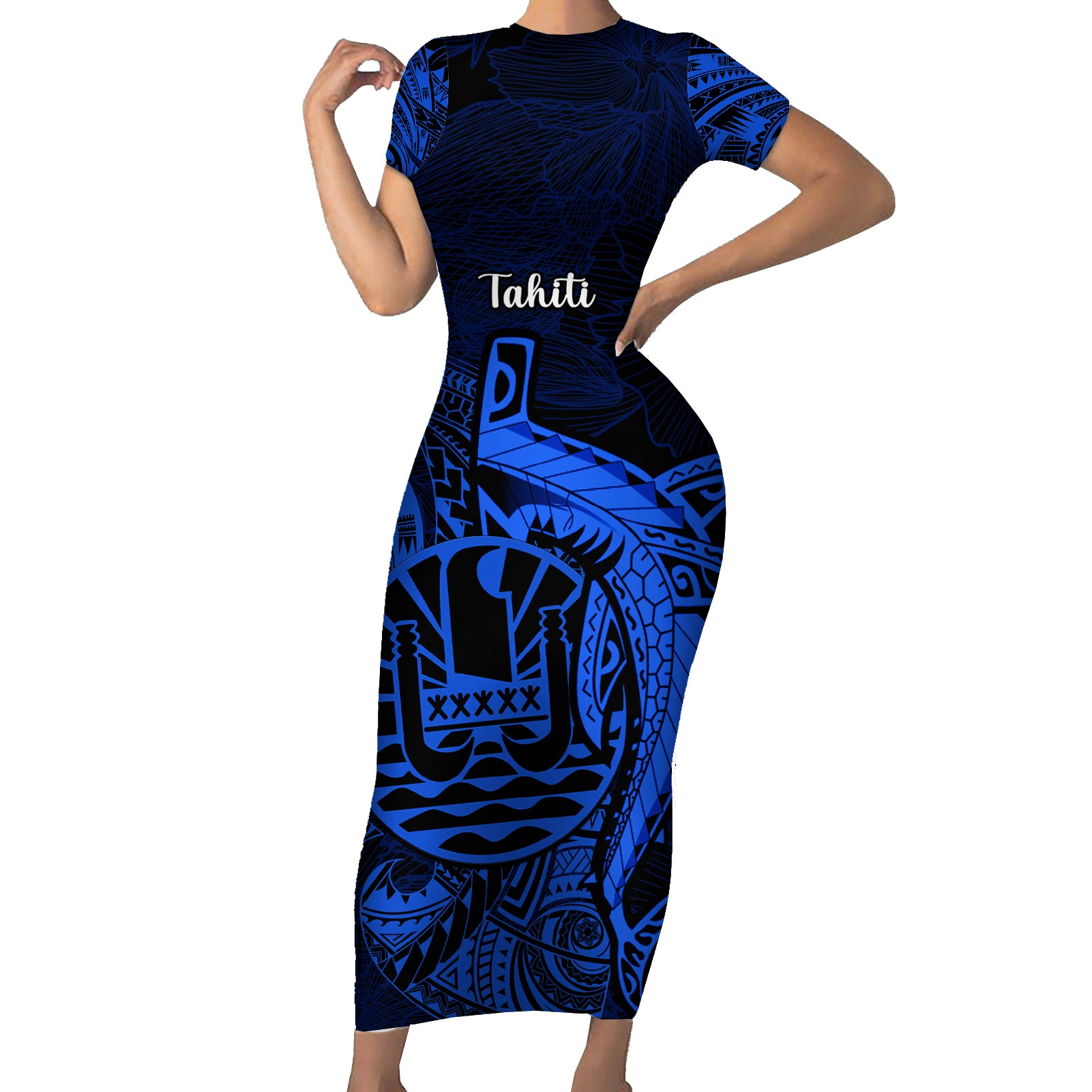 French Polynesia Tahiti Short Sleeve Bodycon Dress Polynesian Shark Tattoo With Hibiscus Blue Version LT14 Long Dress Blue - Polynesian Pride