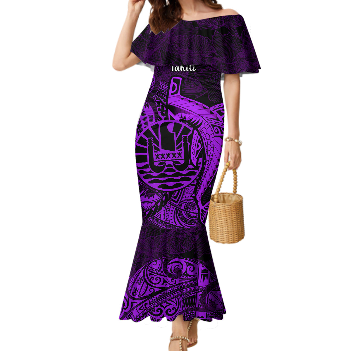 French Polynesia Tahiti Mermaid Dress Polynesian Shark Tattoo With Hibiscus Purple Version LT14 Women Purple - Polynesian Pride