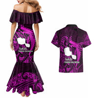 French Polynesia Tahiti Couples Matching Mermaid Dress and Hawaiian Shirt Polynesian Shark Tattoo With Hibiscus Pink Version LT14 - Polynesian Pride