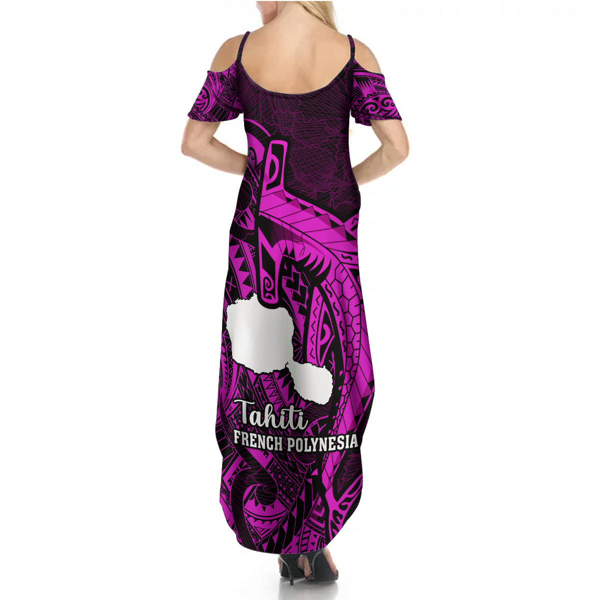 French Polynesia Tahiti Summer Maxi Dress Polynesian Shark Tattoo With Hibiscus Pink Version LT14 - Polynesian Pride