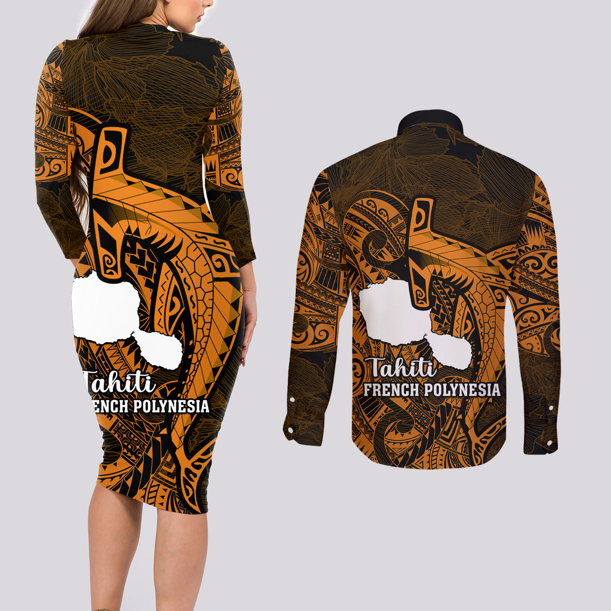 French Polynesia Tahiti Couples Matching Long Sleeve Bodycon Dress and Long Sleeve Button Shirts Polynesian Shark Tattoo With Hibiscus Red Version LT14 - Polynesian Pride
