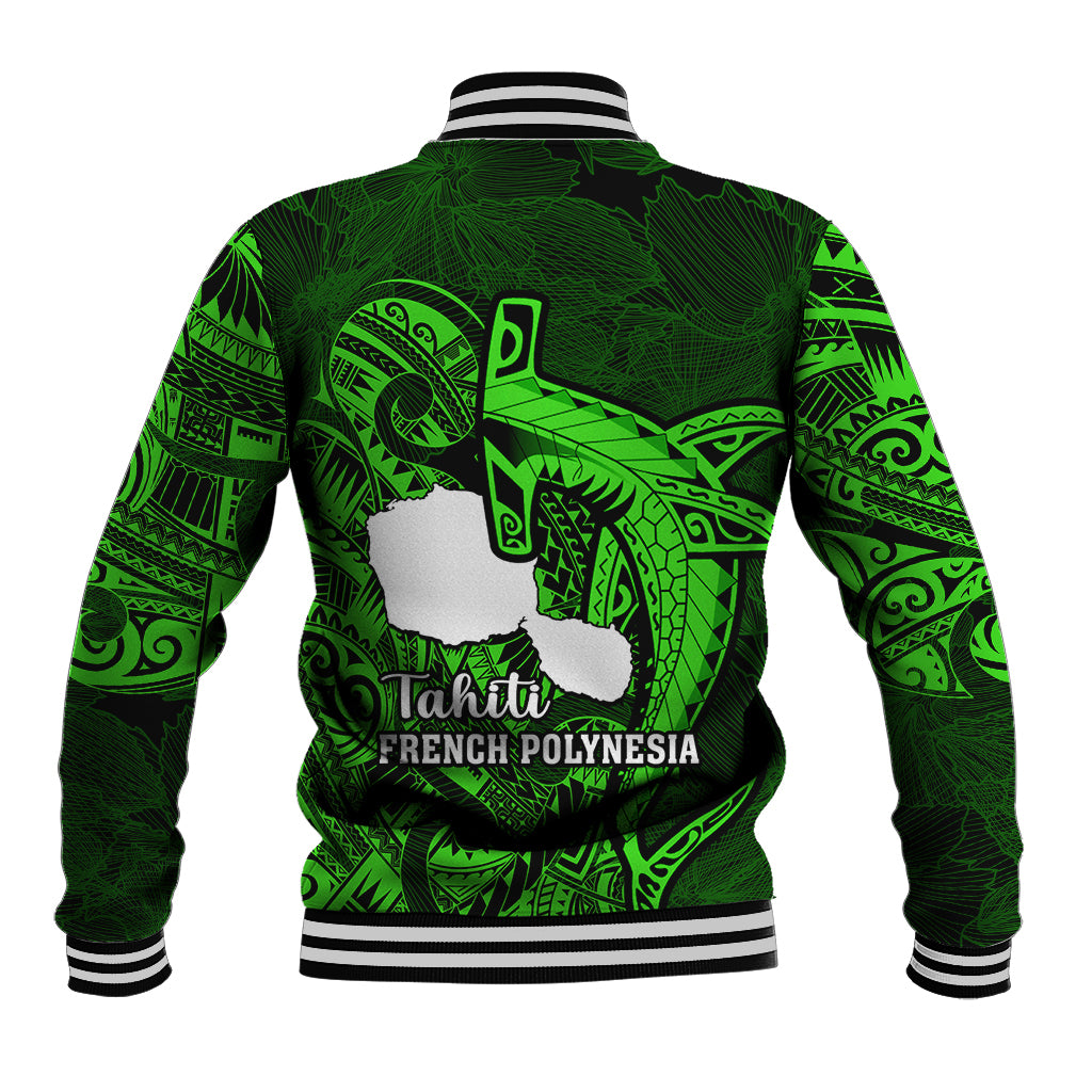 French Polynesia Tahiti Baseball Jacket Polynesian Shark Tattoo With Hibiscus Green Version LT14 - Polynesian Pride