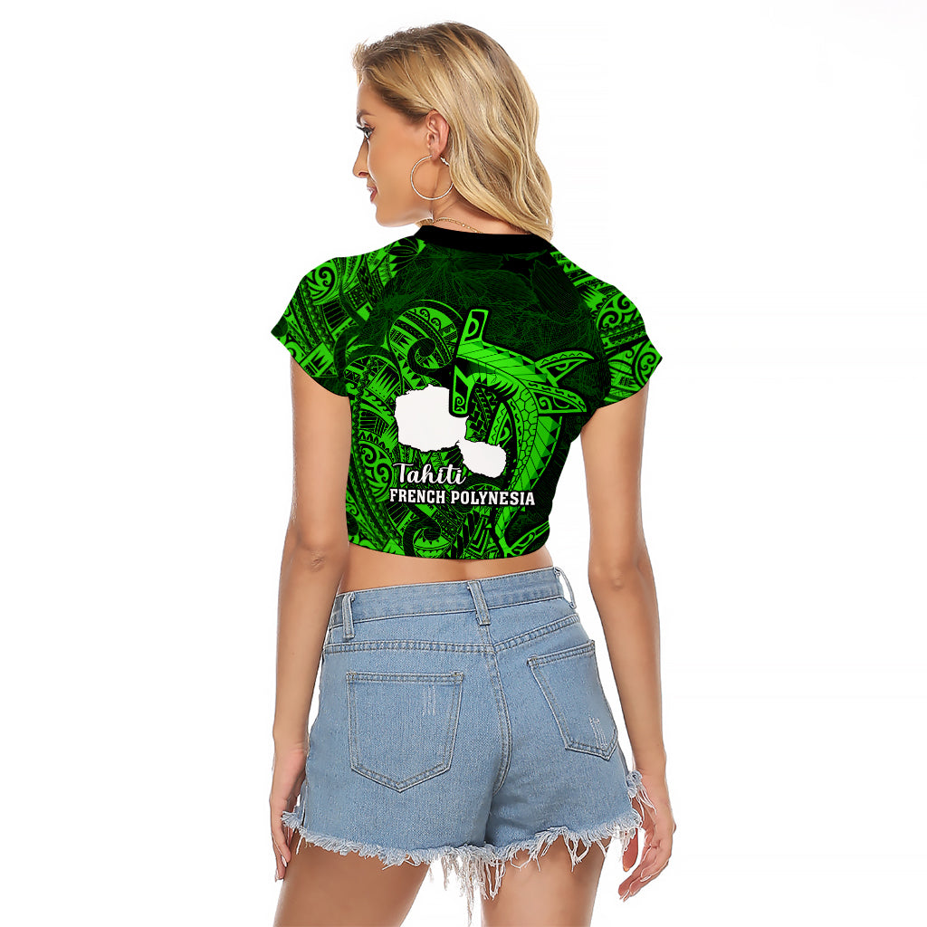 French Polynesia Tahiti Raglan Cropped T Shirt Polynesian Shark Tattoo With Hibiscus Green Version LT14 - Polynesian Pride