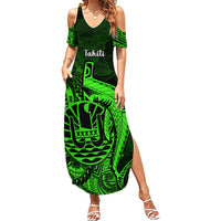 French Polynesia Tahiti Summer Maxi Dress Polynesian Shark Tattoo With Hibiscus Green Version LT14 Women Green - Polynesian Pride