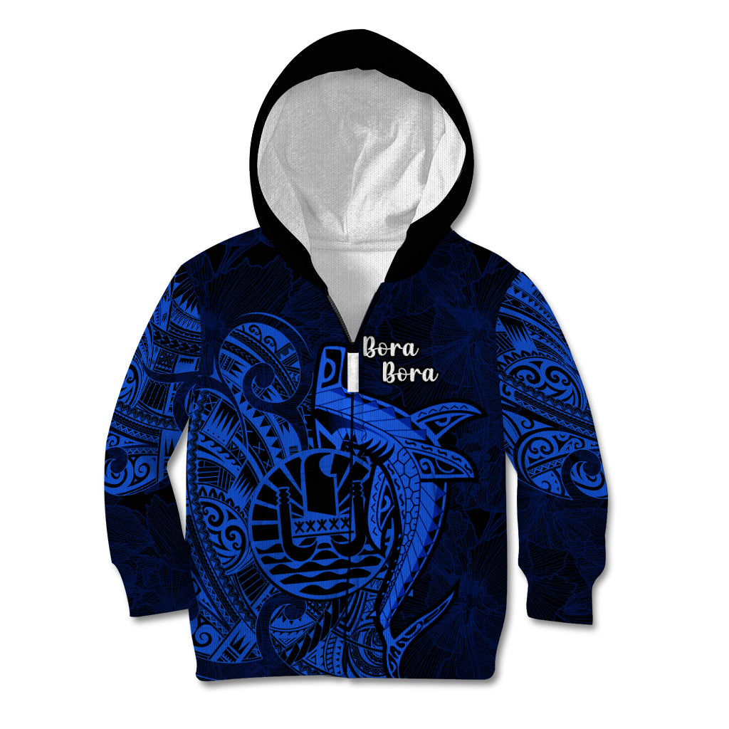 French Polynesia Bora Bora Kid Hoodie Polynesian Shark Tattoo With Hibiscus Blue Version LT14 - Polynesian Pride