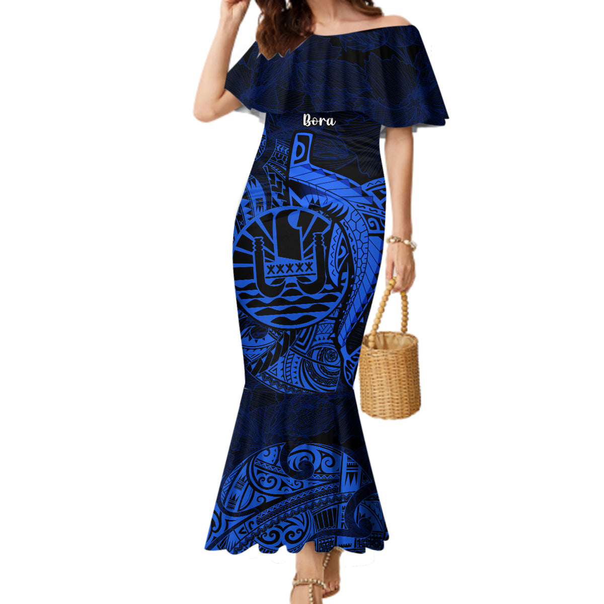 French Polynesia Bora Bora Mermaid Dress Polynesian Shark Tattoo With Hibiscus Blue Version LT14 Women Blue - Polynesian Pride