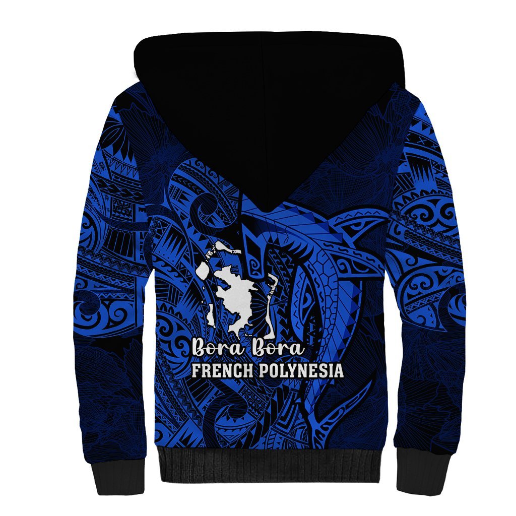 French Polynesia Bora Bora Sherpa Hoodie Polynesian Shark Tattoo With Hibiscus Blue Version LT14 - Polynesian Pride