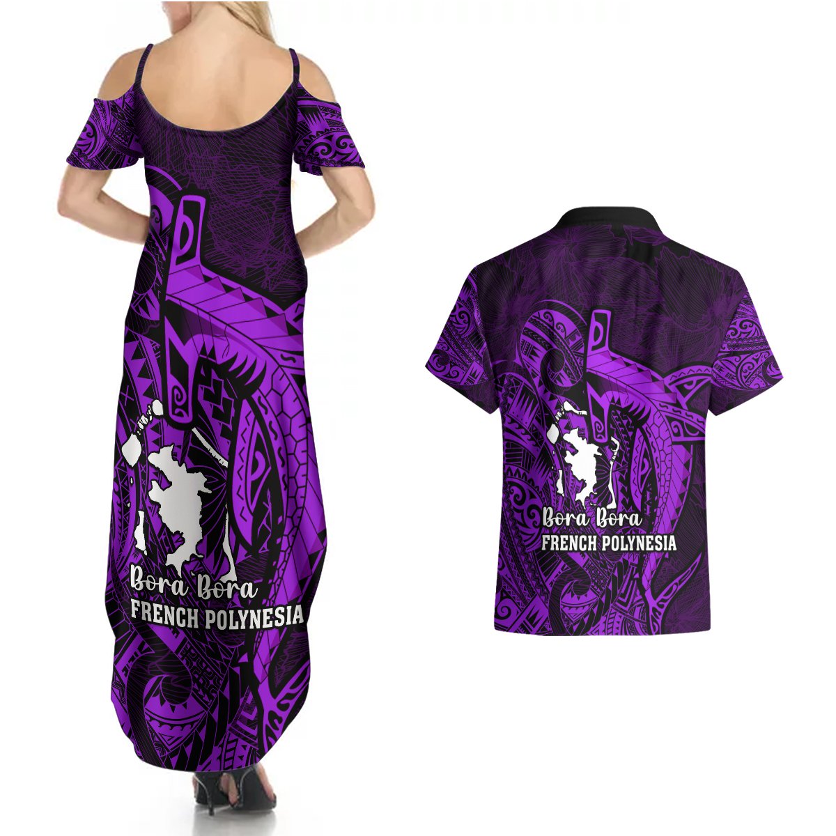 French Polynesia Bora Bora Couples Matching Summer Maxi Dress and Hawaiian Shirt Polynesian Shark Tattoo With Hibiscus Purple Version LT14 - Polynesian Pride