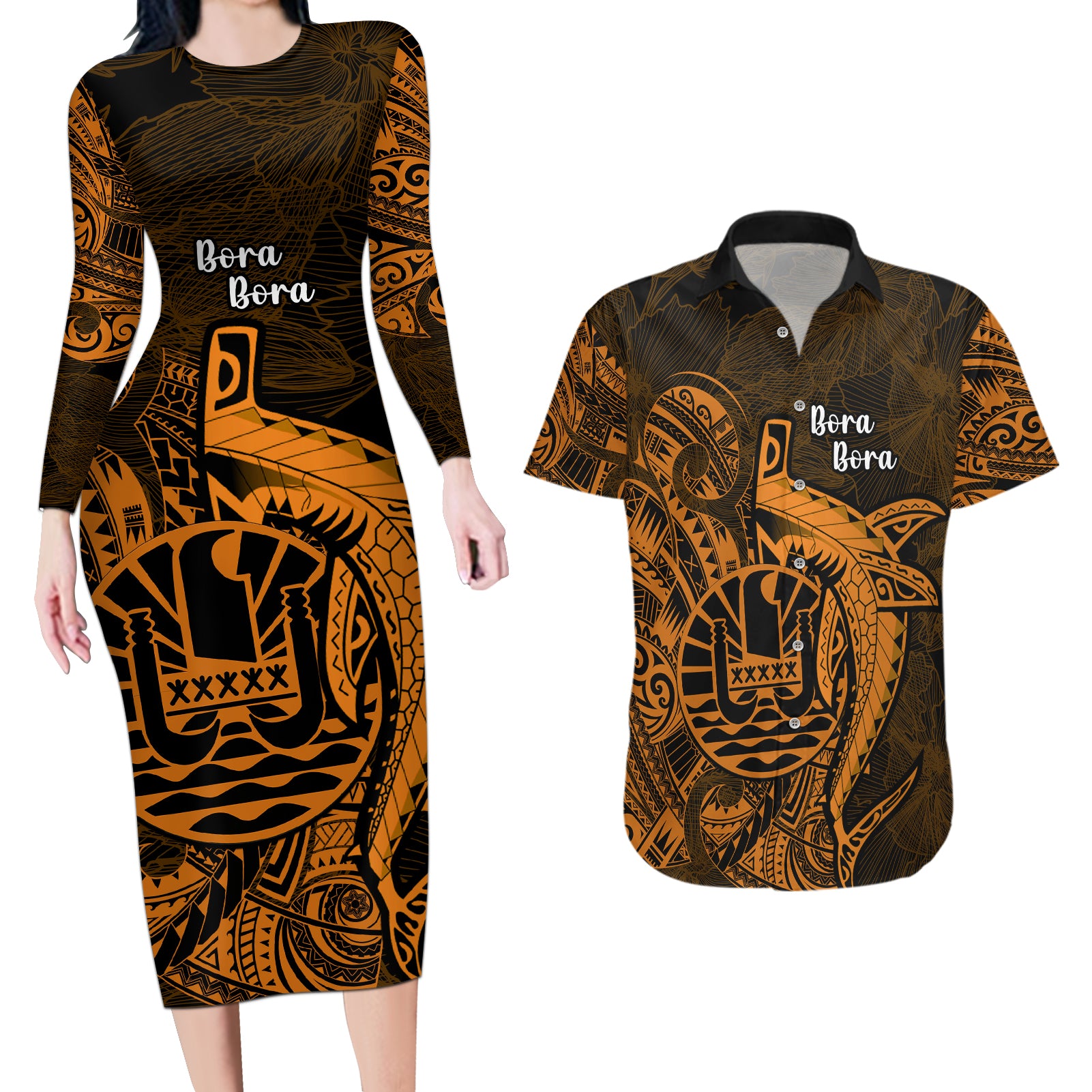 French Polynesia Bora Bora Couples Matching Long Sleeve Bodycon Dress and Hawaiian Shirt Polynesian Shark Tattoo With Hibiscus Red Version LT14 Gold - Polynesian Pride