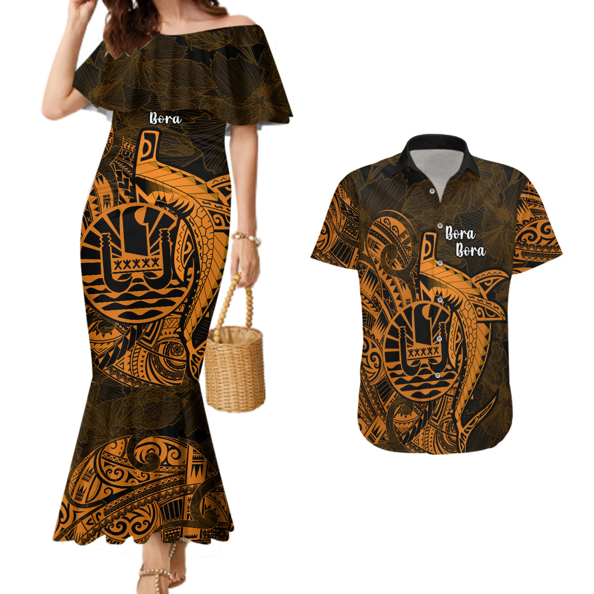 French Polynesia Bora Bora Couples Matching Mermaid Dress and Hawaiian Shirt Polynesian Shark Tattoo With Hibiscus Red Version LT14 Gold - Polynesian Pride