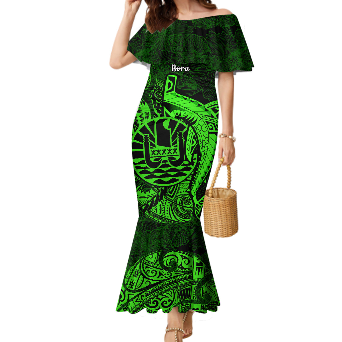 French Polynesia Bora Bora Mermaid Dress Polynesian Shark Tattoo With Hibiscus Green Version LT14 Women Green - Polynesian Pride