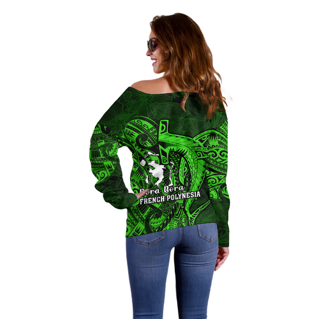 French Polynesia Bora Bora Off Shoulder Sweater Polynesian Shark Tattoo With Hibiscus Green Version LT14 - Polynesian Pride