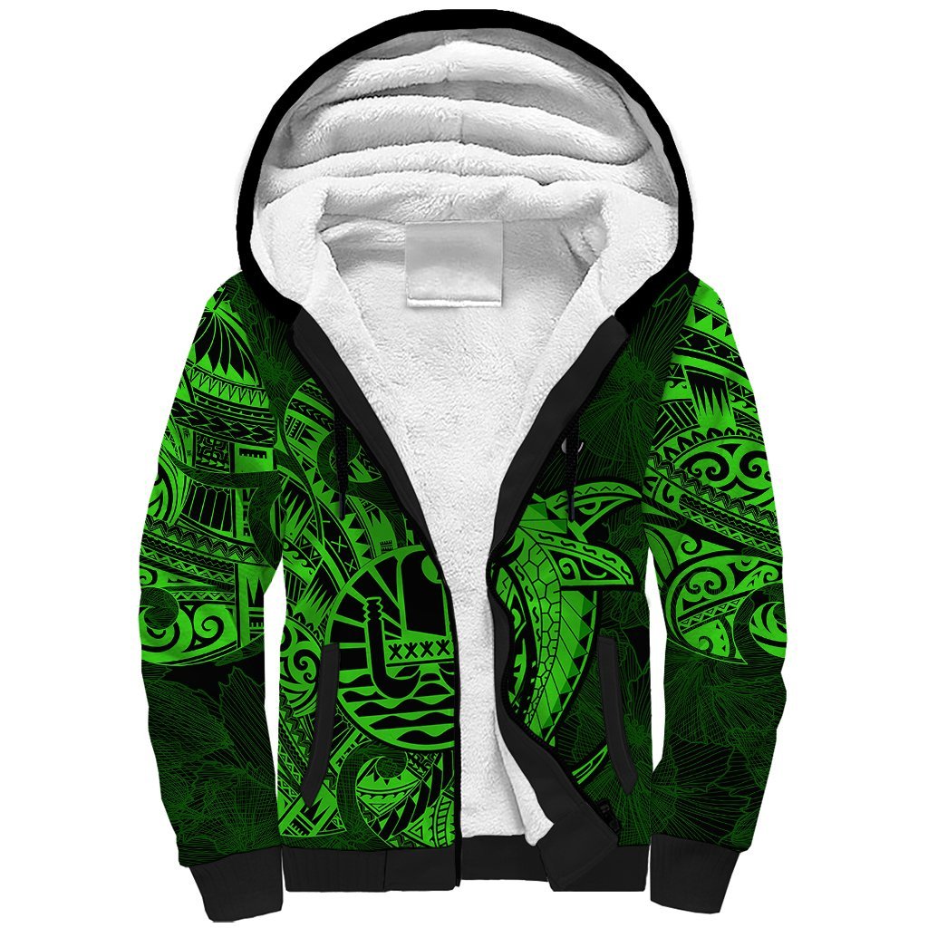 French Polynesia Bora Bora Sherpa Hoodie Polynesian Shark Tattoo With Hibiscus Green Version LT14 Unisex Green - Polynesian Pride