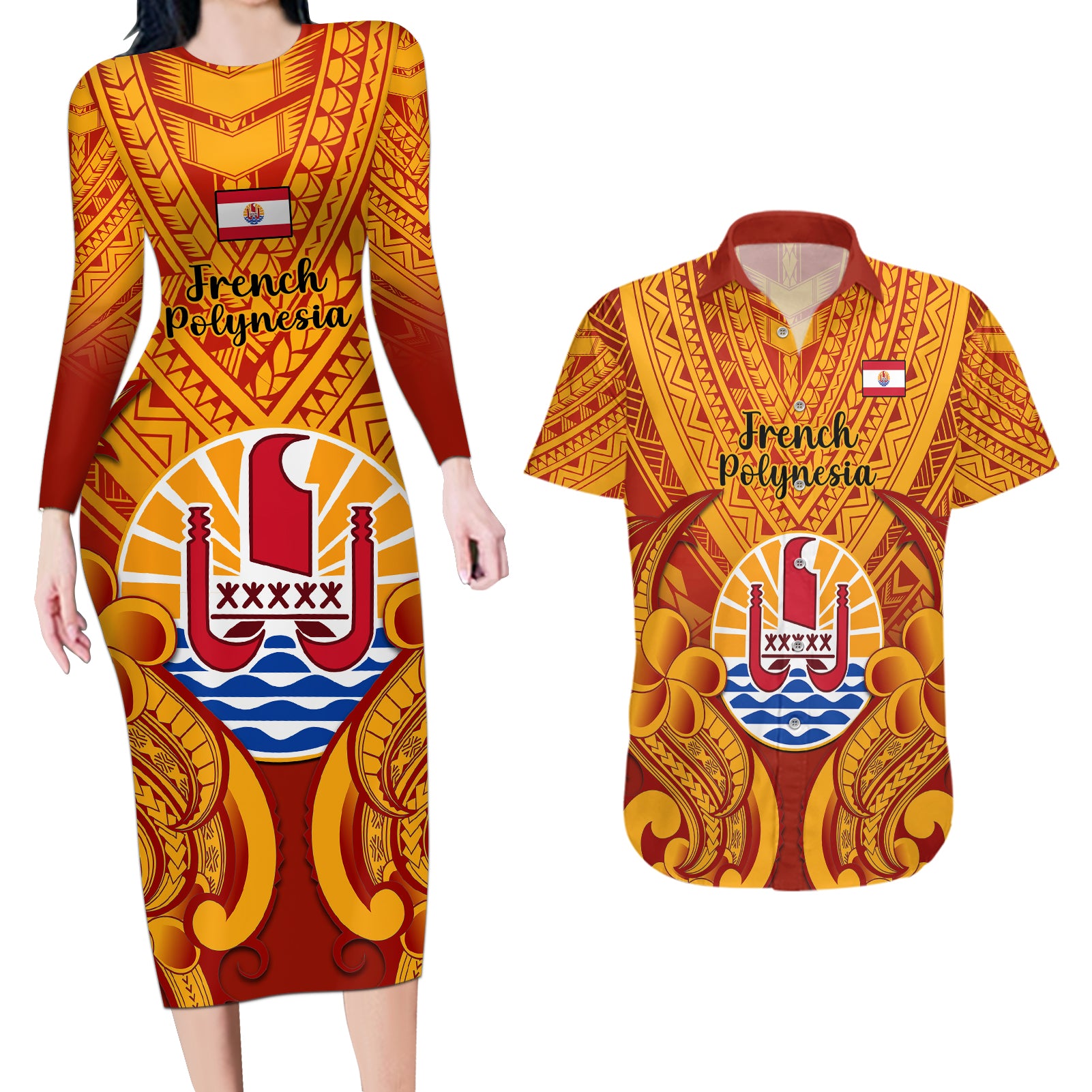 Personalised French Polynesia Couples Matching Long Sleeve Bodycon Dress and Hawaiian Shirt Coat Of Arms With Polynesian Plumeria LT14 Red - Polynesian Pride