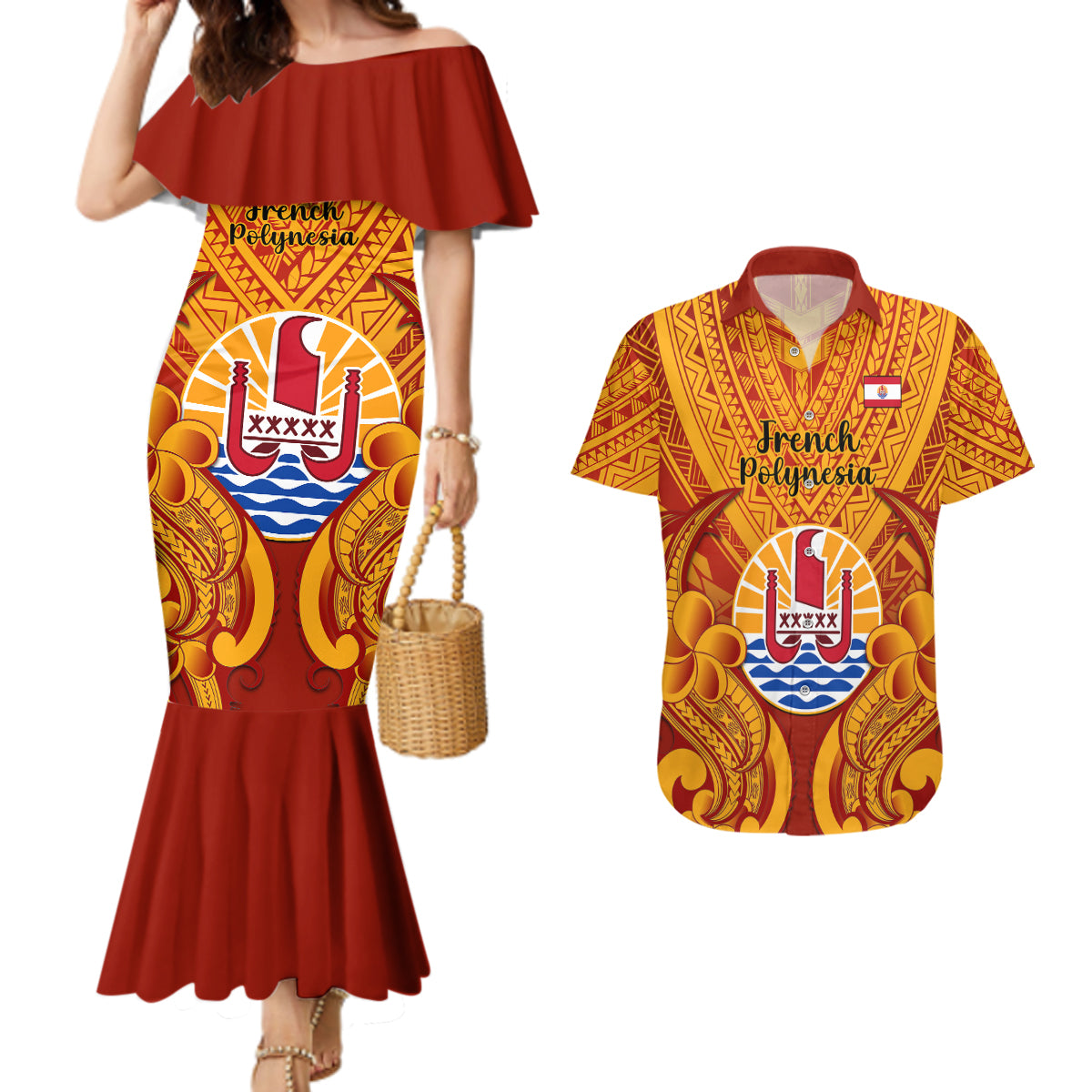 Personalised French Polynesia Couples Matching Mermaid Dress and Hawaiian Shirt Coat Of Arms With Polynesian Plumeria LT14 Red - Polynesian Pride