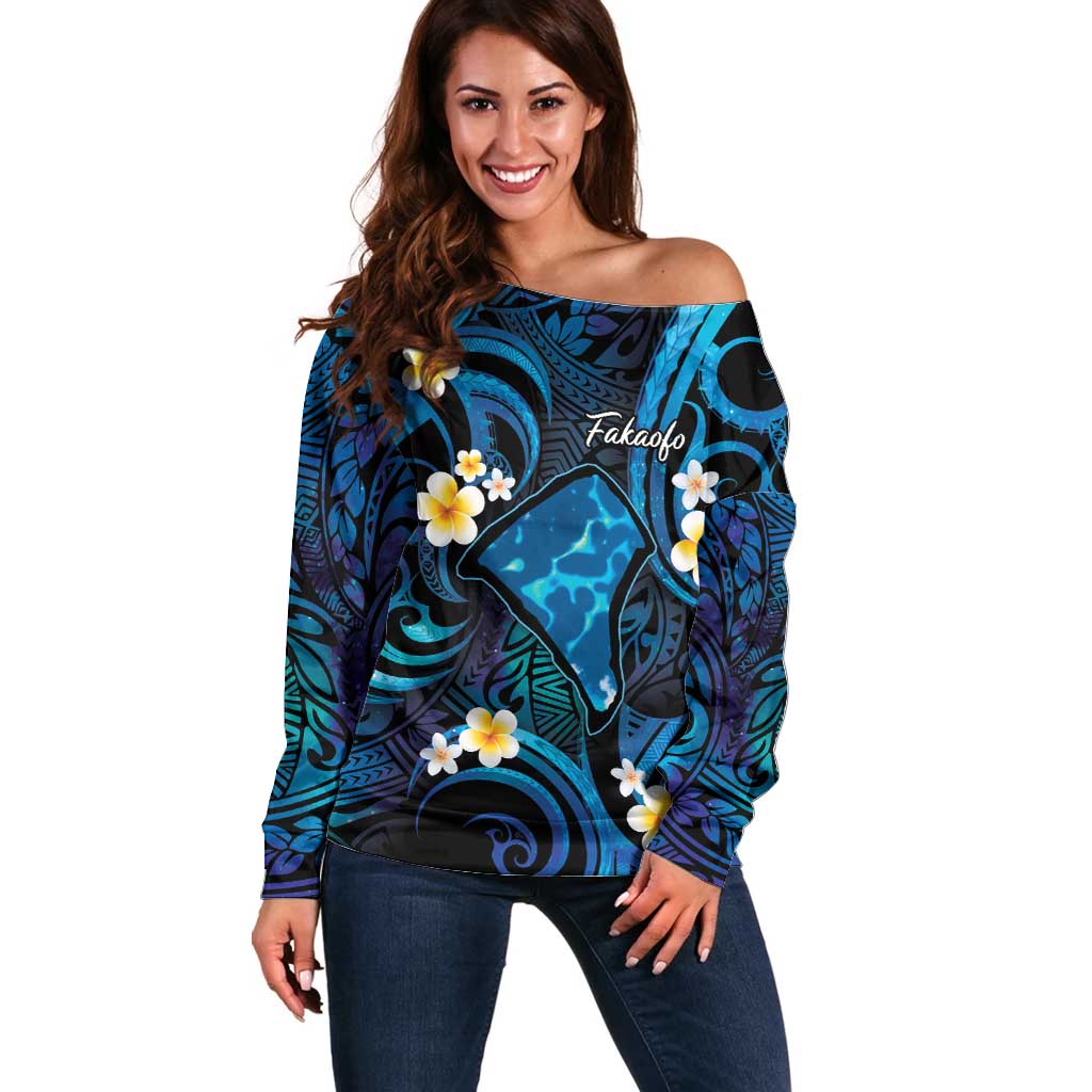 Tokelau Fakaofo Atoll Off Shoulder Sweater Polynesian Tattoo Plumeria With Map