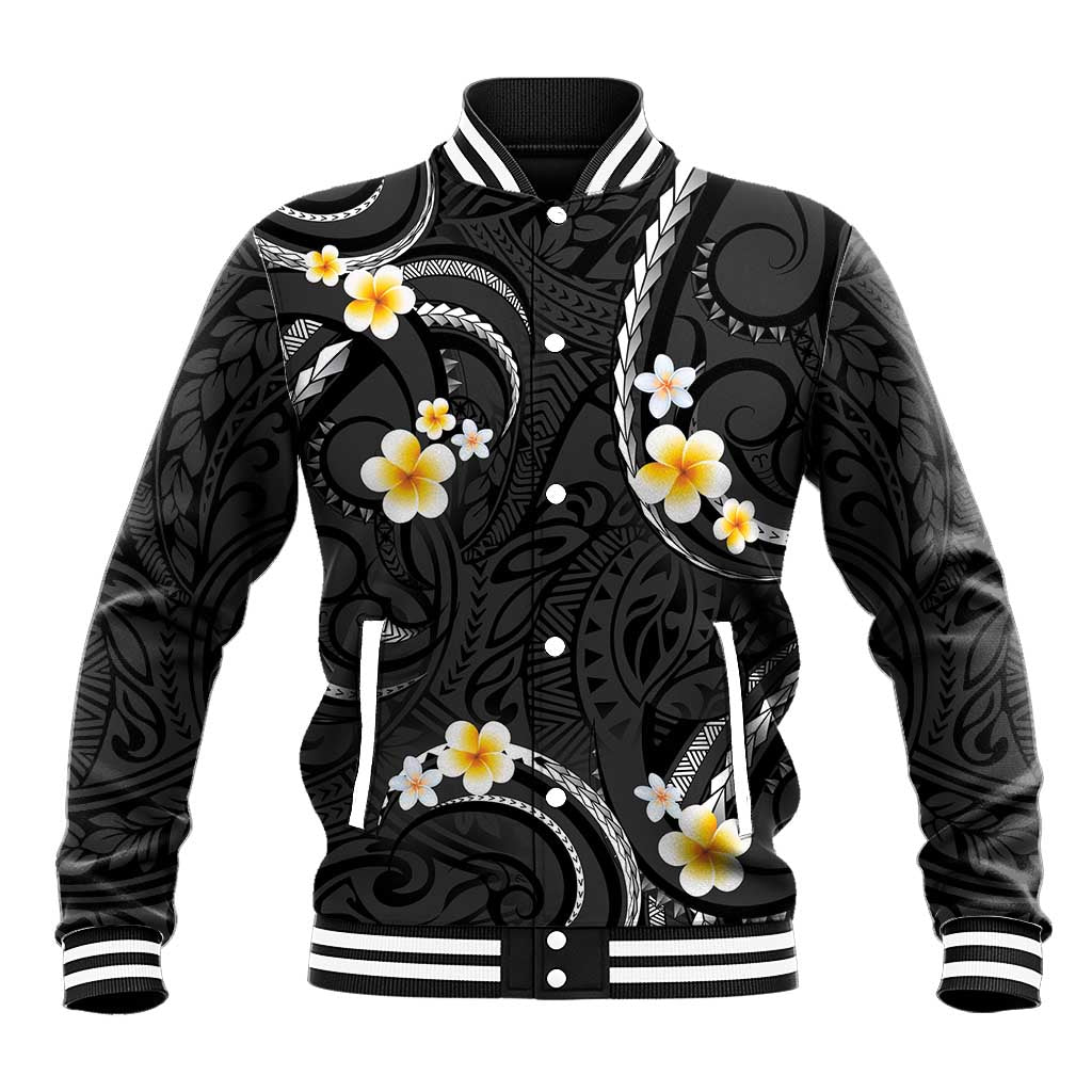 Black And Gray Baseball Jacket Curves Polynesian Tattoo Mix Plumeria Flowers