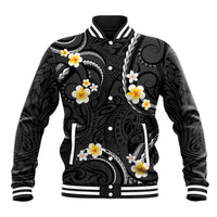 Black And Gray Baseball Jacket Curves Polynesian Tattoo Mix Plumeria Flowers