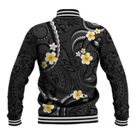 Black And Gray Baseball Jacket Curves Polynesian Tattoo Mix Plumeria Flowers