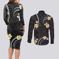 Black And Gray Couples Matching Long Sleeve Bodycon Dress and Long Sleeve Button Shirt Curves Polynesian Tattoo Mix Plumeria Flowers