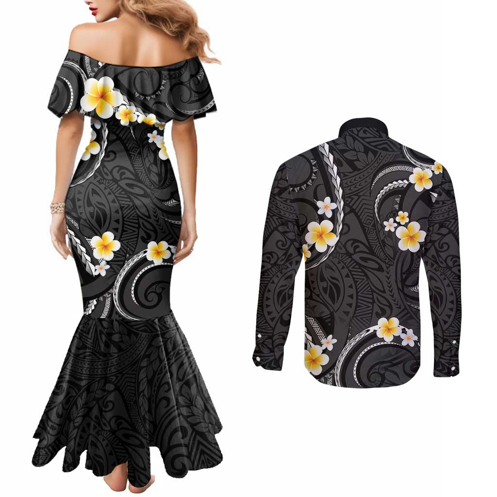 Black And Gray Couples Matching Mermaid Dress and Long Sleeve Button Shirt Curves Polynesian Tattoo Mix Plumeria Flowers
