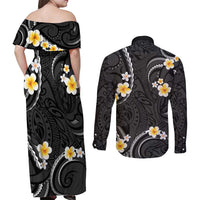 Black And Gray Couples Matching Off Shoulder Maxi Dress and Long Sleeve Button Shirt Curves Polynesian Tattoo Mix Plumeria Flowers