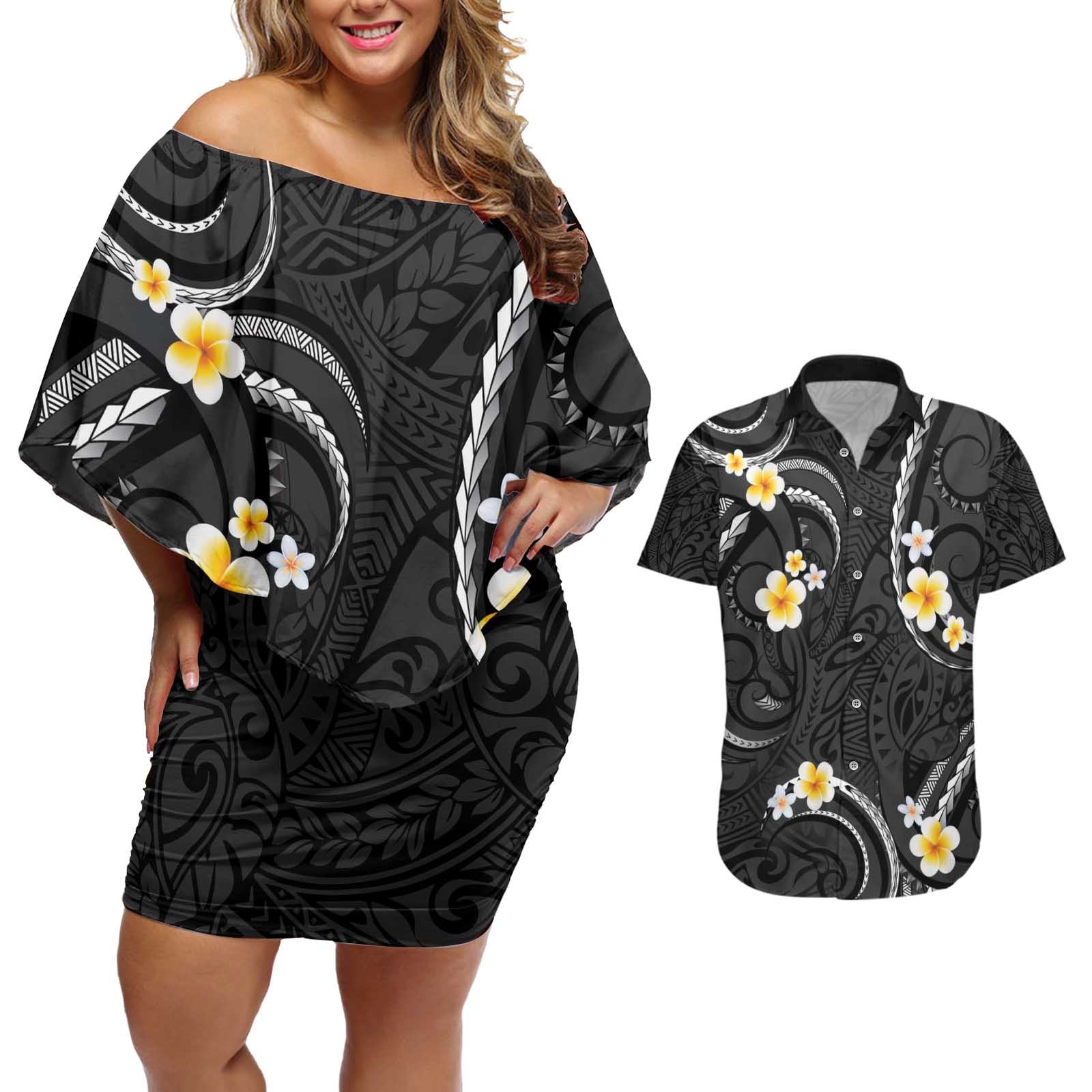 Black And Gray Couples Matching Off Shoulder Short Dress and Hawaiian Shirt Curves Polynesian Tattoo Mix Plumeria Flowers