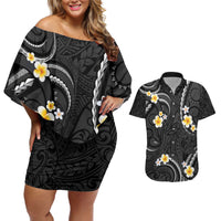 Black And Gray Couples Matching Off Shoulder Short Dress and Hawaiian Shirt Curves Polynesian Tattoo Mix Plumeria Flowers