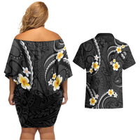 Black And Gray Couples Matching Off Shoulder Short Dress and Hawaiian Shirt Curves Polynesian Tattoo Mix Plumeria Flowers