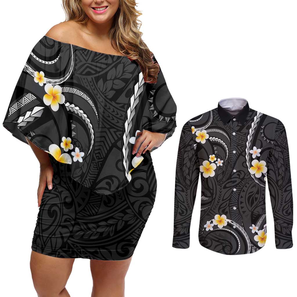 Black And Gray Couples Matching Off Shoulder Short Dress and Long Sleeve Button Shirt Curves Polynesian Tattoo Mix Plumeria Flowers