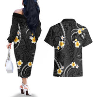 Black And Gray Couples Matching Off The Shoulder Long Sleeve Dress and Hawaiian Shirt Curves Polynesian Tattoo Mix Plumeria Flowers