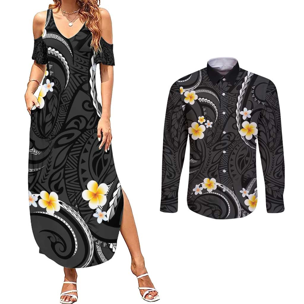 Black And Gray Couples Matching Summer Maxi Dress and Long Sleeve Button Shirt Curves Polynesian Tattoo Mix Plumeria Flowers