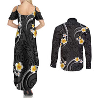 Black And Gray Couples Matching Summer Maxi Dress and Long Sleeve Button Shirt Curves Polynesian Tattoo Mix Plumeria Flowers