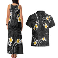 Black And Gray Couples Matching Tank Maxi Dress and Hawaiian Shirt Curves Polynesian Tattoo Mix Plumeria Flowers