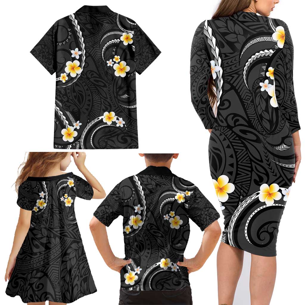 Black And Gray Family Matching Long Sleeve Bodycon Dress and Hawaiian Shirt Curves Polynesian Tattoo Mix Plumeria Flowers