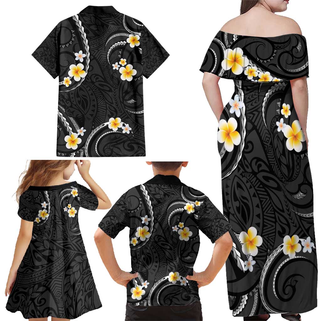 Black And Gray Family Matching Off Shoulder Maxi Dress and Hawaiian Shirt Curves Polynesian Tattoo Mix Plumeria Flowers LT14 - Polynesian Pride