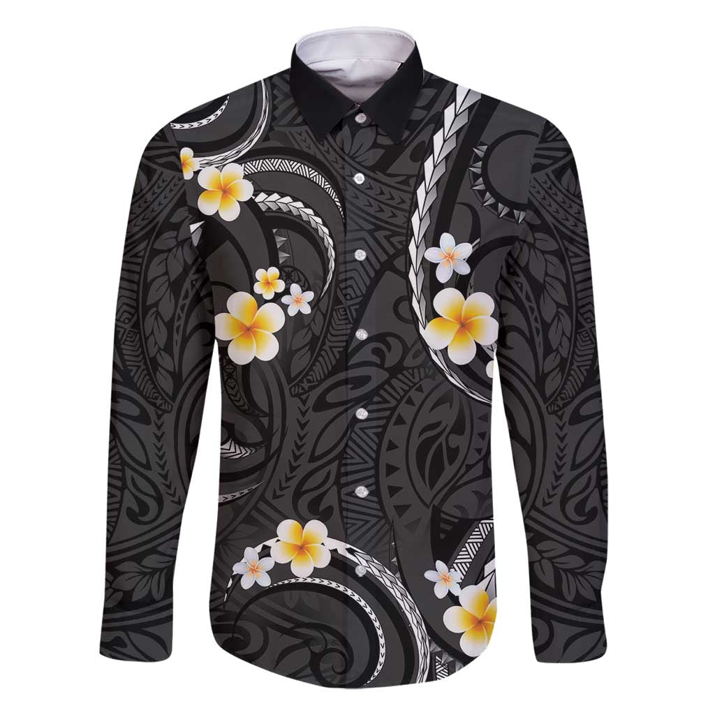 Black And Gray Family Matching Off Shoulder Maxi Dress and Hawaiian Shirt Curves Polynesian Tattoo Mix Plumeria Flowers LT14 Dad's Shirt - Long Sleeve Gray - Polynesian Pride