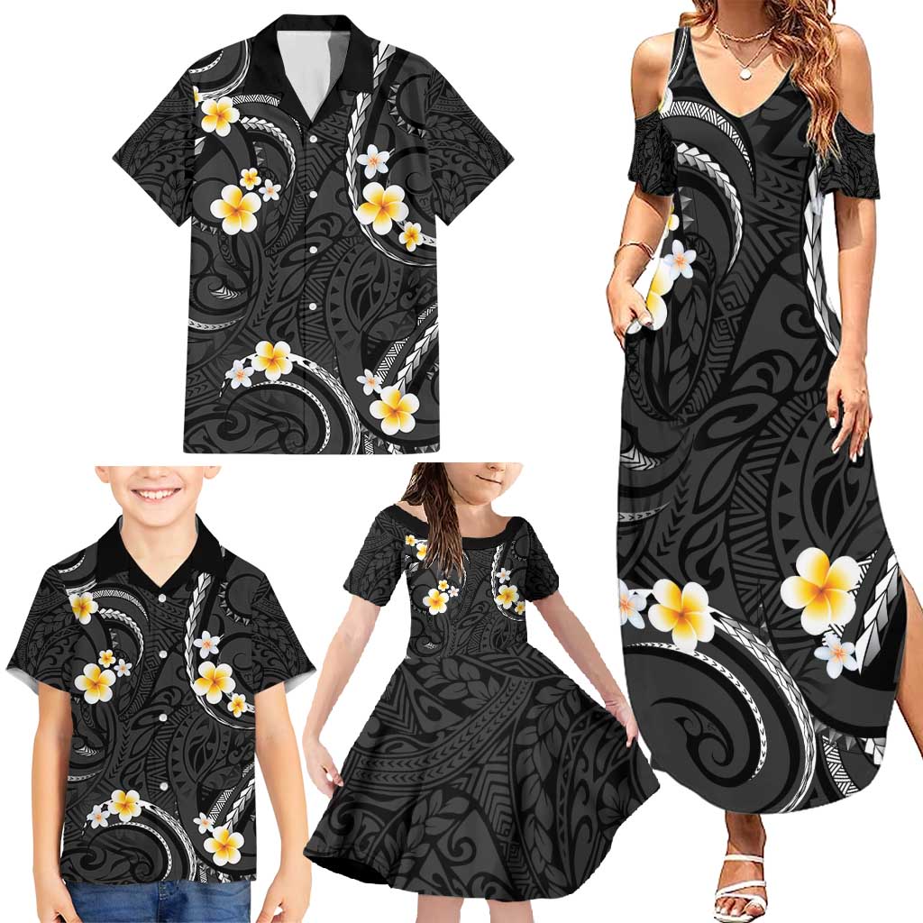 Black And Gray Family Matching Summer Maxi Dress and Hawaiian Shirt Curves Polynesian Tattoo Mix Plumeria Flowers LT14 - Polynesian Pride